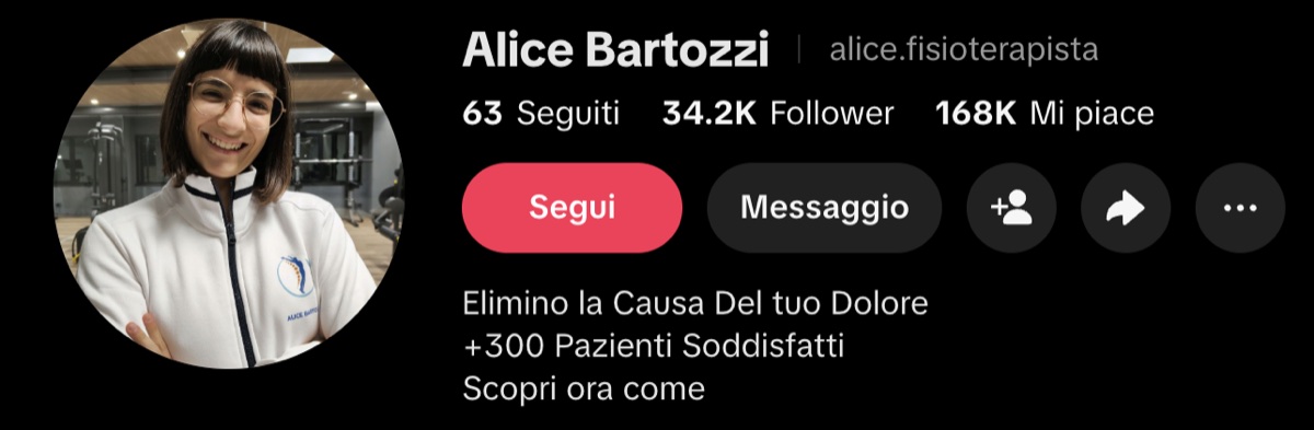 Profilo TikTok @alice.fisioterapista: 34,2K follower, 168K mi piace